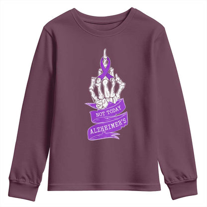 Not Today Alzheimers Youth Sweatshirt Funny Skeleton Middle Finger Purple Ribbon