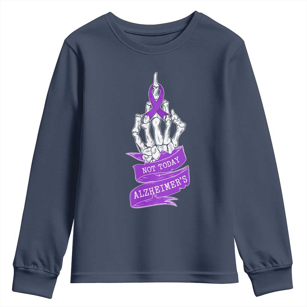 Not Today Alzheimers Youth Sweatshirt Funny Skeleton Middle Finger Purple Ribbon