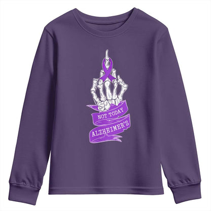 Not Today Alzheimers Youth Sweatshirt Funny Skeleton Middle Finger Purple Ribbon