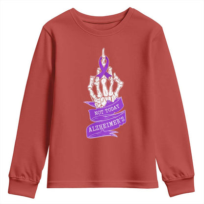 Not Today Alzheimers Youth Sweatshirt Funny Skeleton Middle Finger Purple Ribbon