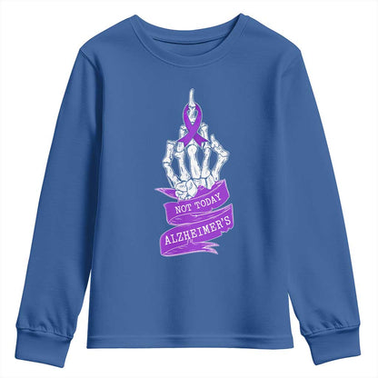Not Today Alzheimers Youth Sweatshirt Funny Skeleton Middle Finger Purple Ribbon