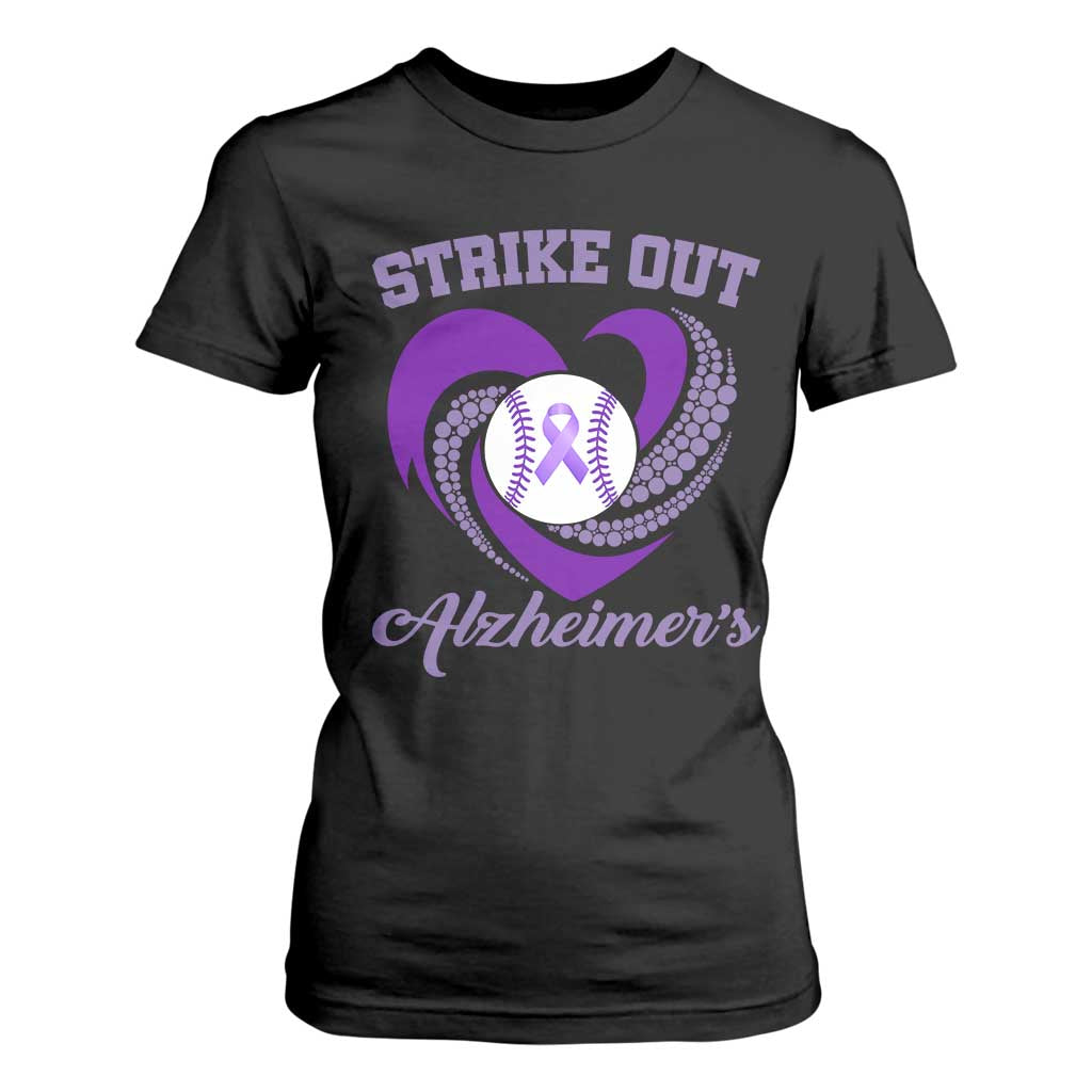 Strike Out Alzheimers T Shirt For Women Purple Ribbon Baseball Hope Support