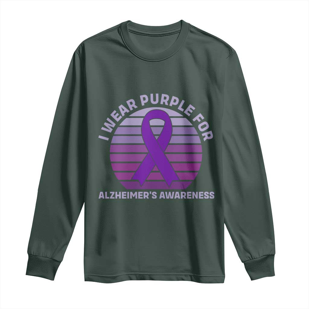 I Wear Purple For Alzheimers Long Sleeve Shirt Vintage Sunset Purple Ribbon Graphic