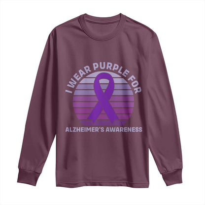 I Wear Purple For Alzheimers Long Sleeve Shirt Vintage Sunset Purple Ribbon Graphic