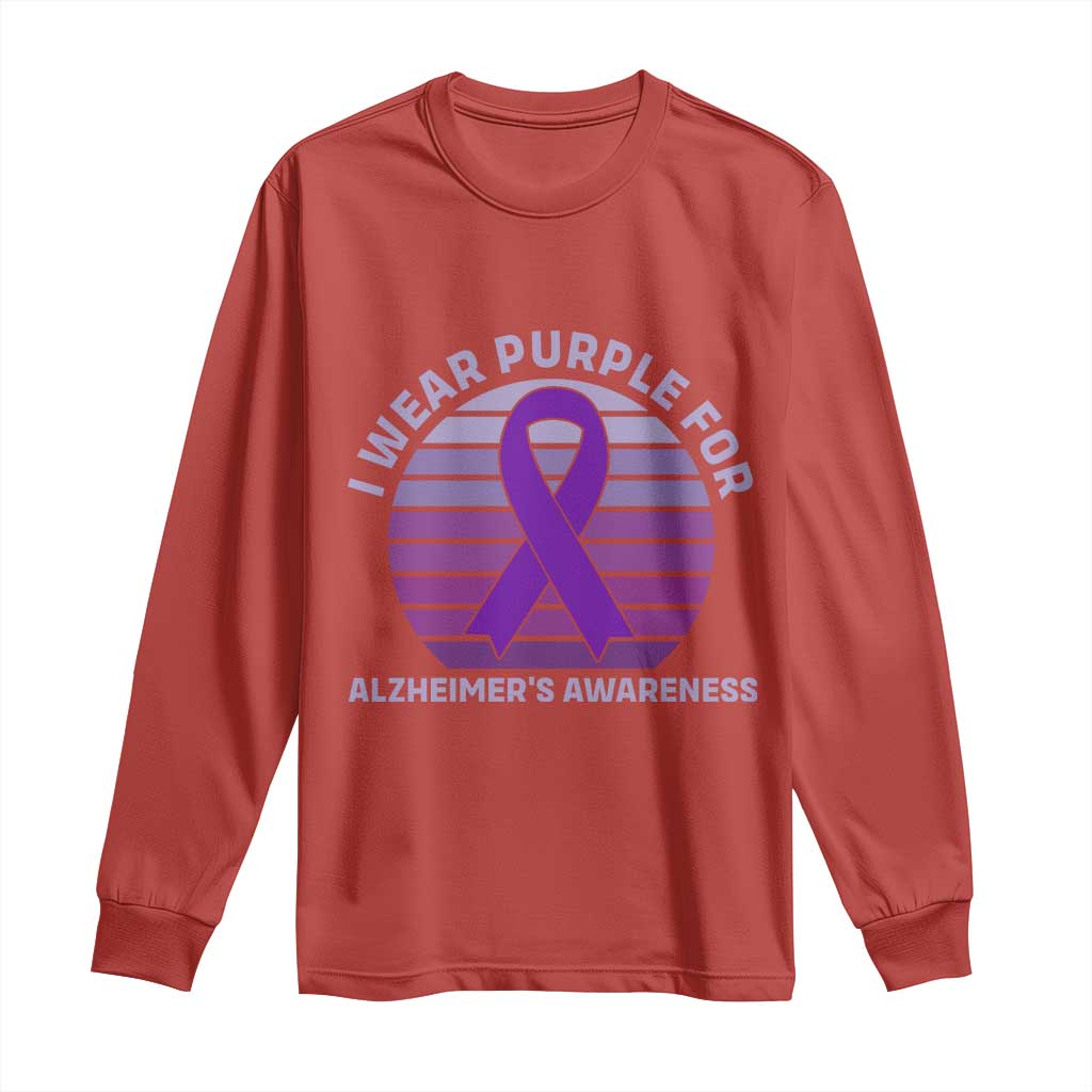 I Wear Purple For Alzheimers Long Sleeve Shirt Vintage Sunset Purple Ribbon Graphic