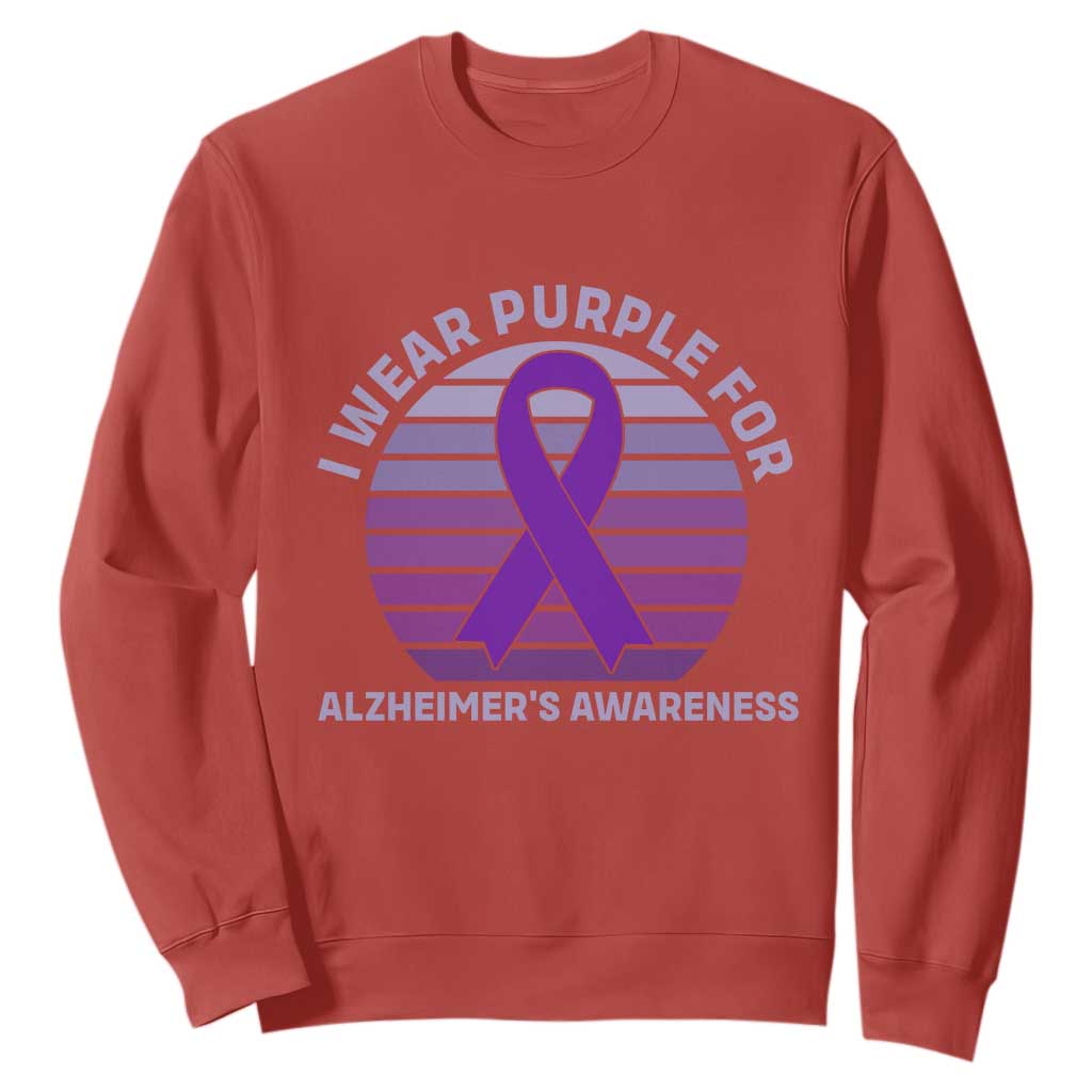 I Wear Purple For Alzheimers Sweatshirt Vintage Sunset Purple Ribbon Graphic