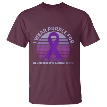 I Wear Purple For Alzheimers T Shirt Vintage Sunset Purple Ribbon Graphic
