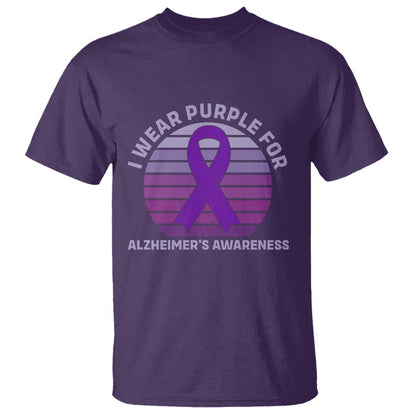 I Wear Purple For Alzheimers T Shirt Vintage Sunset Purple Ribbon Graphic