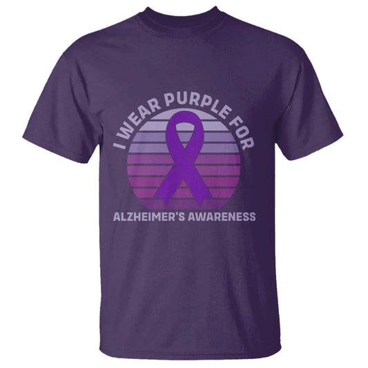 I Wear Purple For Alzheimers T Shirt Vintage Sunset Purple Ribbon Graphic