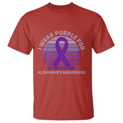 I Wear Purple For Alzheimers T Shirt Vintage Sunset Purple Ribbon Graphic