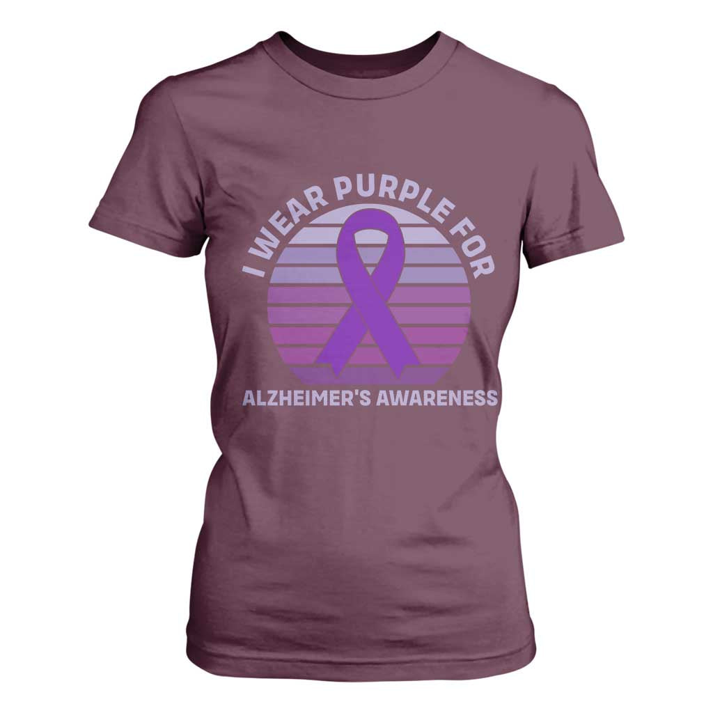 I Wear Purple For Alzheimers T Shirt For Women Vintage Sunset Purple Ribbon Graphic