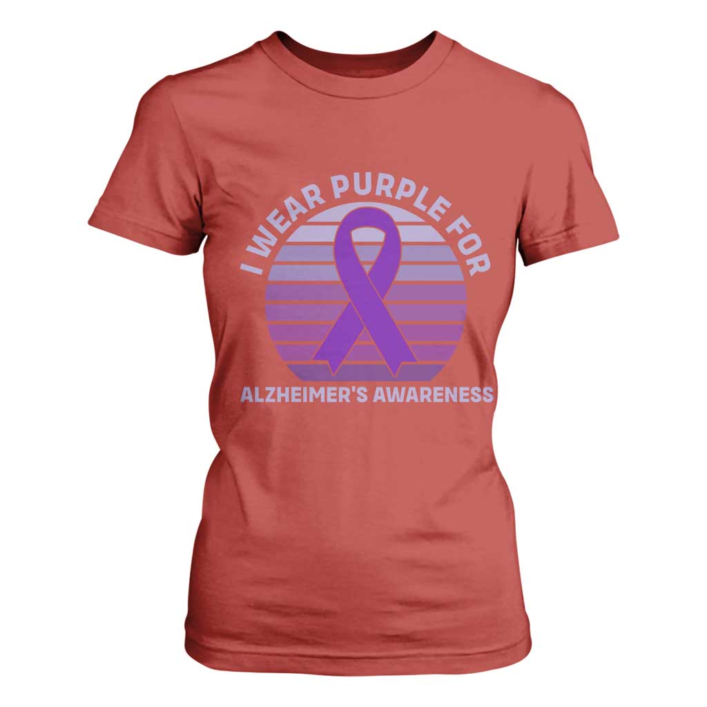 I Wear Purple For Alzheimers T Shirt For Women Vintage Sunset Purple Ribbon Graphic
