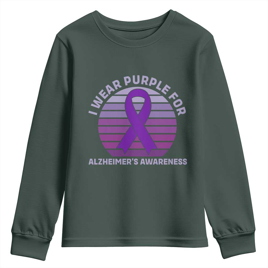 I Wear Purple For Alzheimers Youth Sweatshirt Vintage Sunset Purple Ribbon Graphic