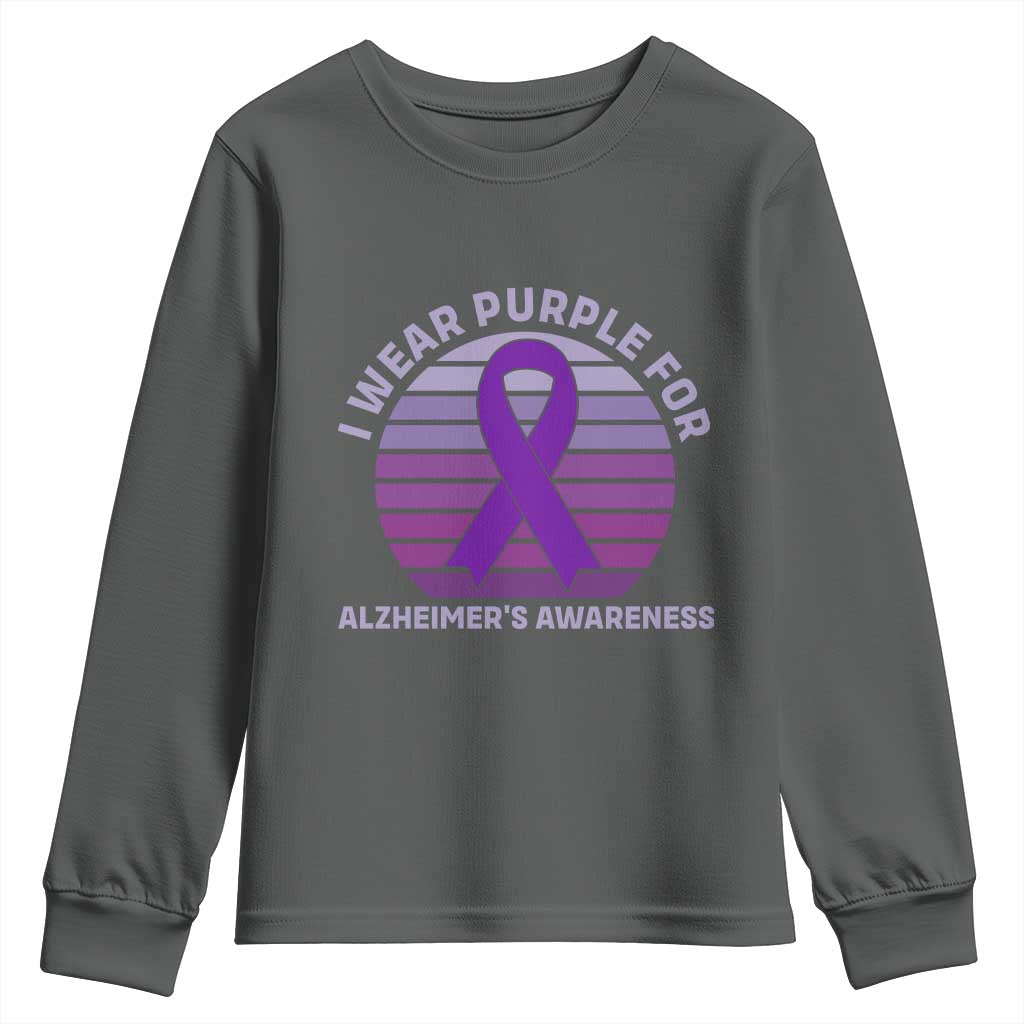 I Wear Purple For Alzheimers Youth Sweatshirt Vintage Sunset Purple Ribbon Graphic