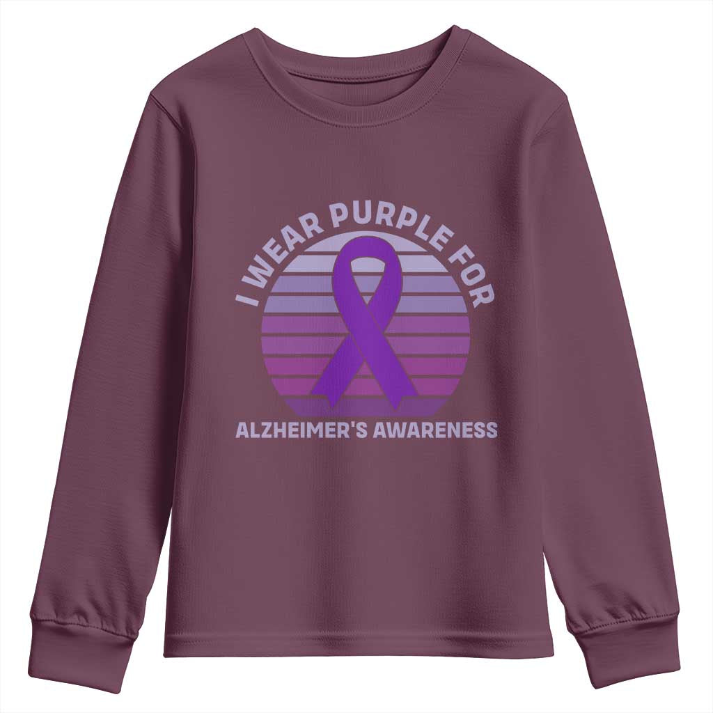 I Wear Purple For Alzheimers Youth Sweatshirt Vintage Sunset Purple Ribbon Graphic