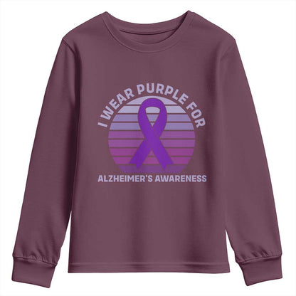 I Wear Purple For Alzheimers Youth Sweatshirt Vintage Sunset Purple Ribbon Graphic