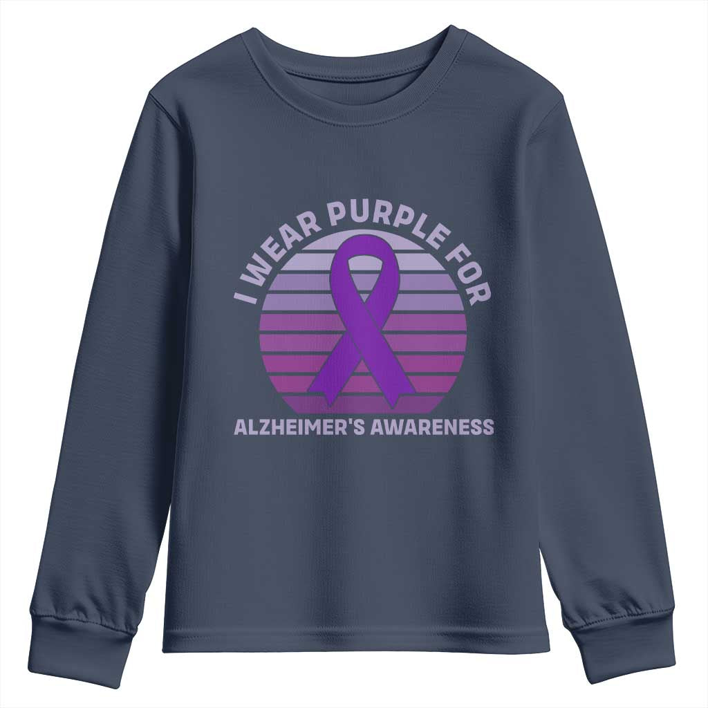 I Wear Purple For Alzheimers Youth Sweatshirt Vintage Sunset Purple Ribbon Graphic