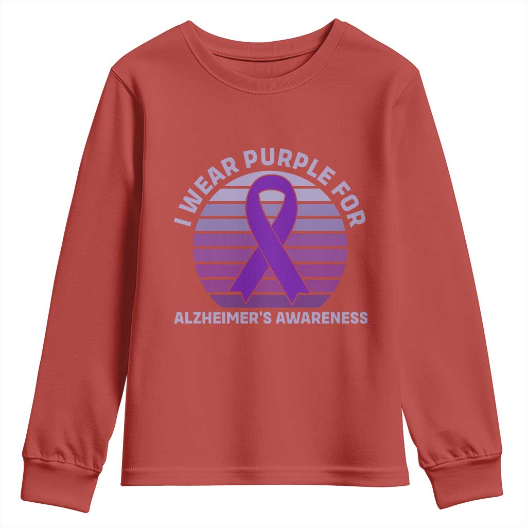 I Wear Purple For Alzheimers Youth Sweatshirt Vintage Sunset Purple Ribbon Graphic