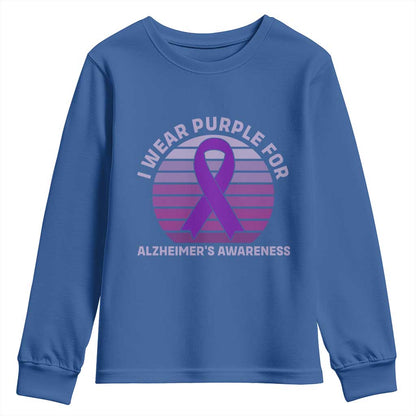 I Wear Purple For Alzheimers Youth Sweatshirt Vintage Sunset Purple Ribbon Graphic