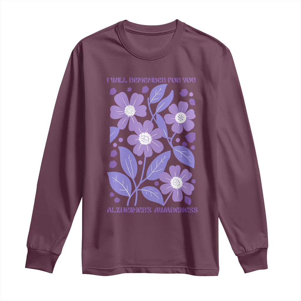 Alzheimers Purple Floral Retro Graphic Long Sleeve Shirt I Will Remember For You