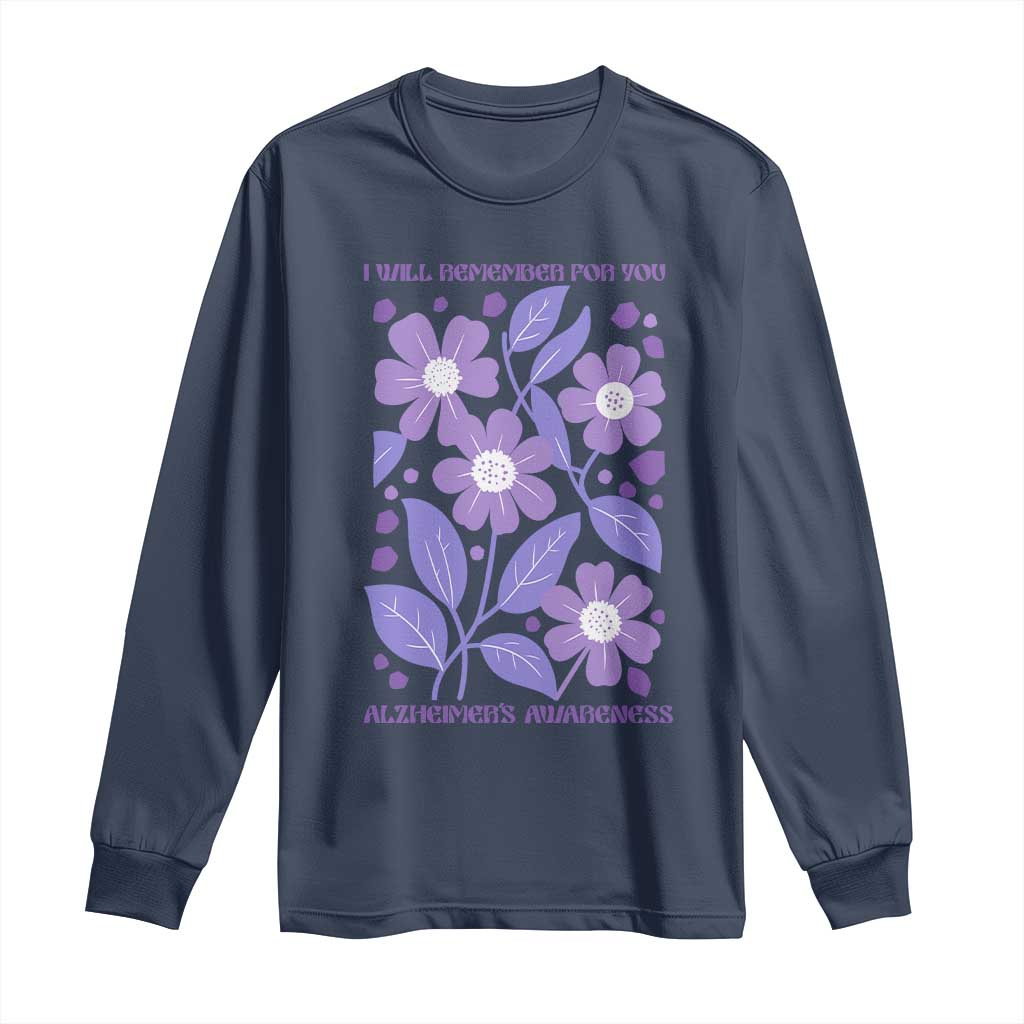 Alzheimers Purple Floral Retro Graphic Long Sleeve Shirt I Will Remember For You