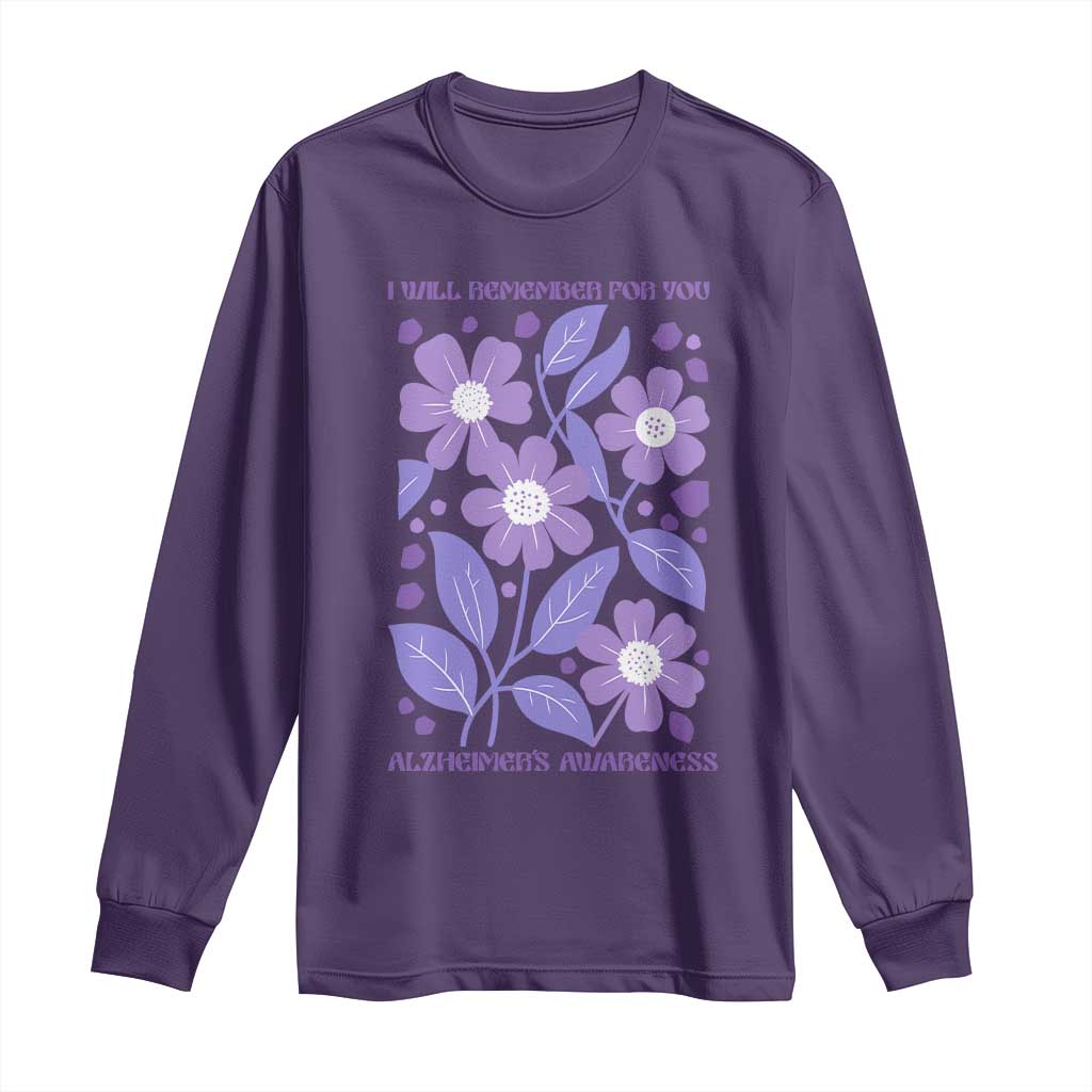 Alzheimers Purple Floral Retro Graphic Long Sleeve Shirt I Will Remember For You