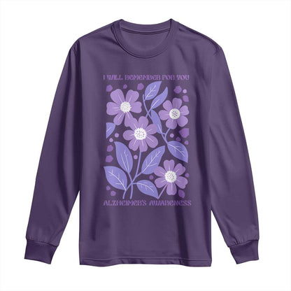 Alzheimers Purple Floral Retro Graphic Long Sleeve Shirt I Will Remember For You