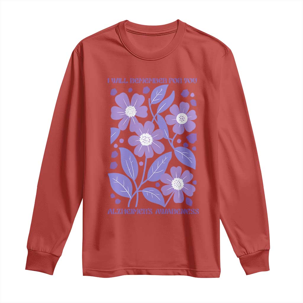 Alzheimers Purple Floral Retro Graphic Long Sleeve Shirt I Will Remember For You