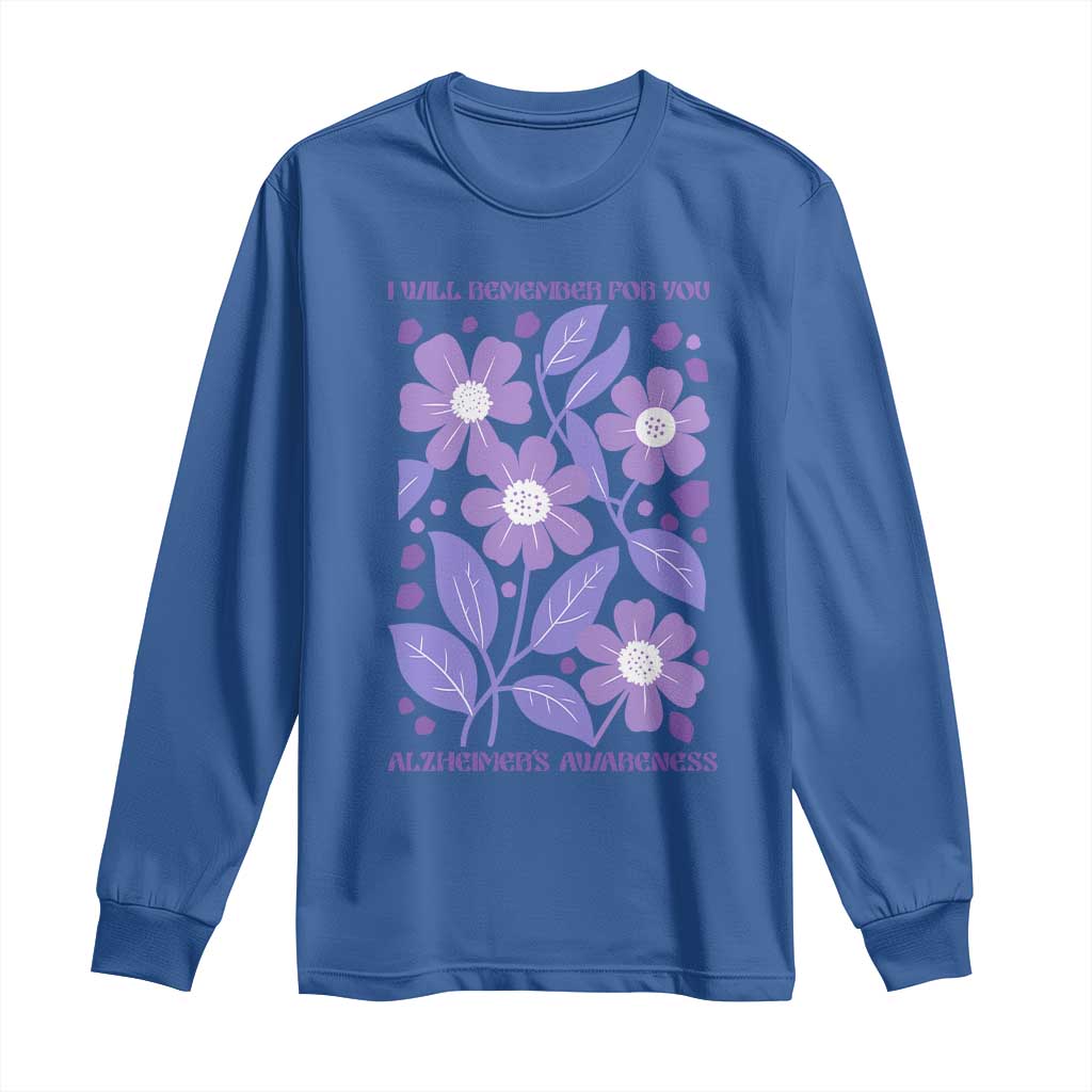 Alzheimers Purple Floral Retro Graphic Long Sleeve Shirt I Will Remember For You