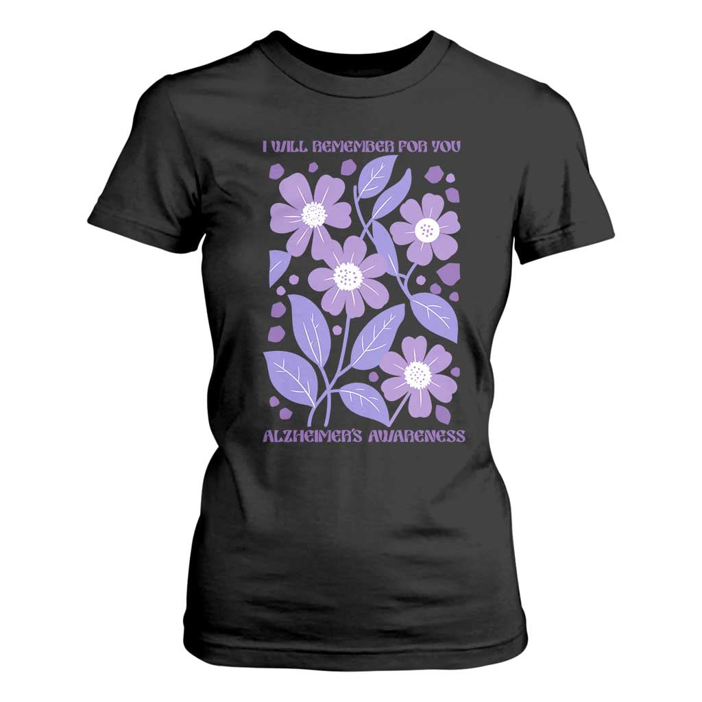 Alzheimers Purple Floral Retro Graphic T Shirt For Women I Will Remember For You