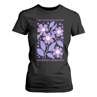 Alzheimers Purple Floral Retro Graphic T Shirt For Women I Will Remember For You