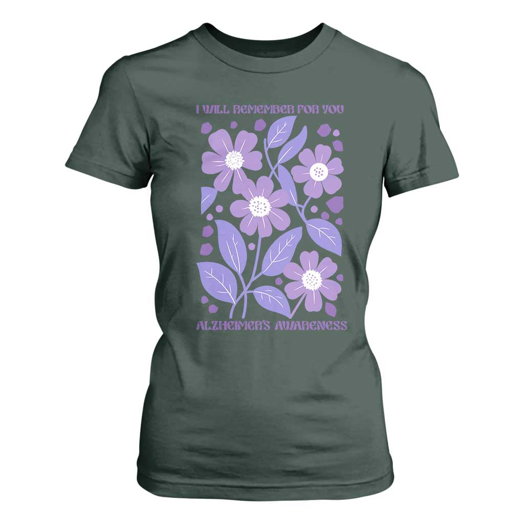 Alzheimers Purple Floral Retro Graphic T Shirt For Women I Will Remember For You