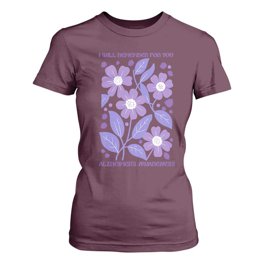 Alzheimers Purple Floral Retro Graphic T Shirt For Women I Will Remember For You