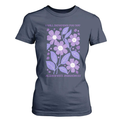 Alzheimers Purple Floral Retro Graphic T Shirt For Women I Will Remember For You