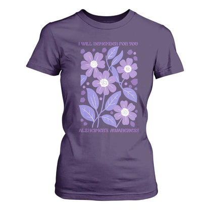 Alzheimers Purple Floral Retro Graphic T Shirt For Women I Will Remember For You