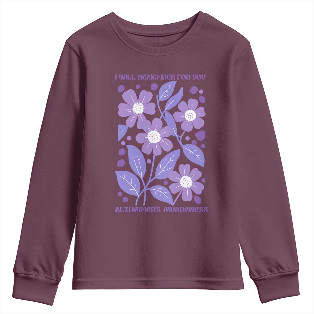 Alzheimers Purple Floral Retro Graphic Youth Sweatshirt I Will Remember For You