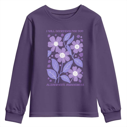 Alzheimers Purple Floral Retro Graphic Youth Sweatshirt I Will Remember For You