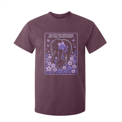 Elephant Alzheimers Purple Floral Support T Shirt For Kid You May Not Remember But I Will Never Forget