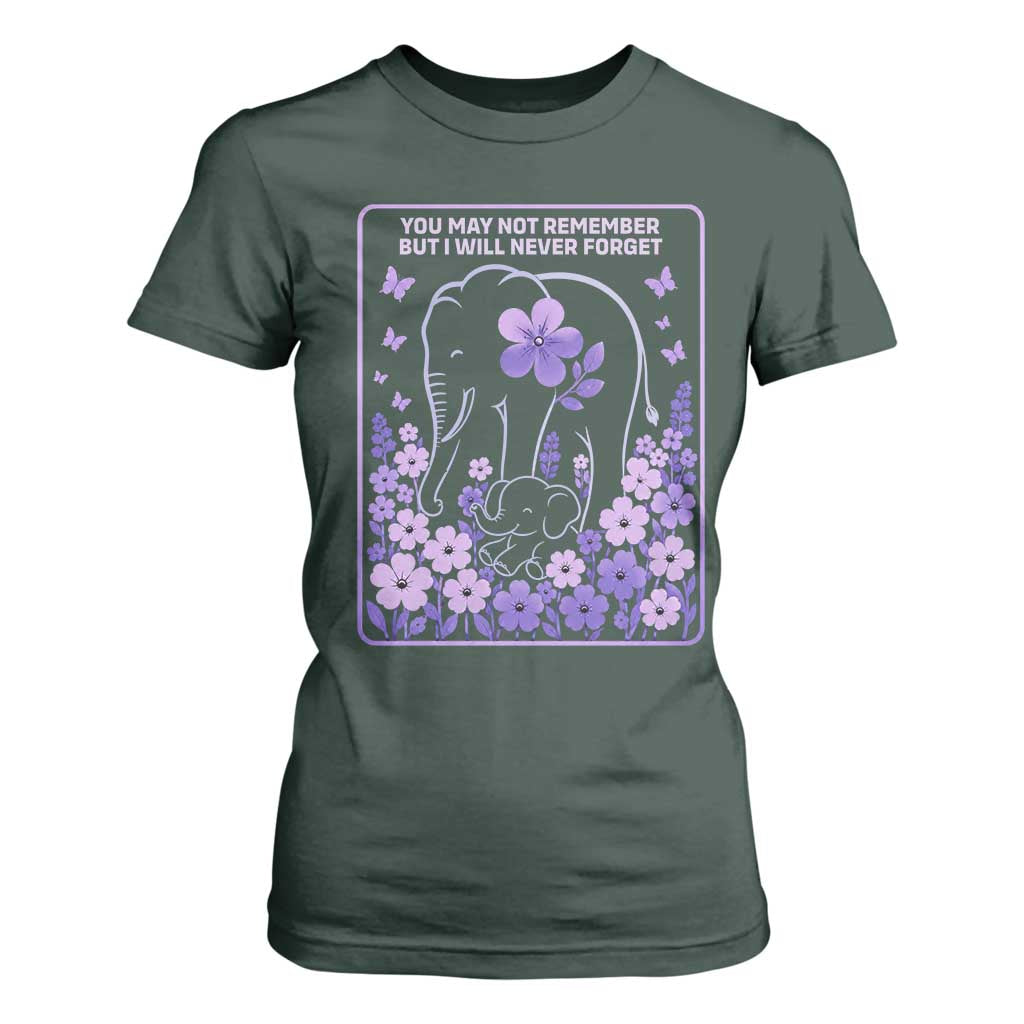 Elephant Alzheimers Purple Floral Support T Shirt For Women You May Not Remember But I Will Never Forget