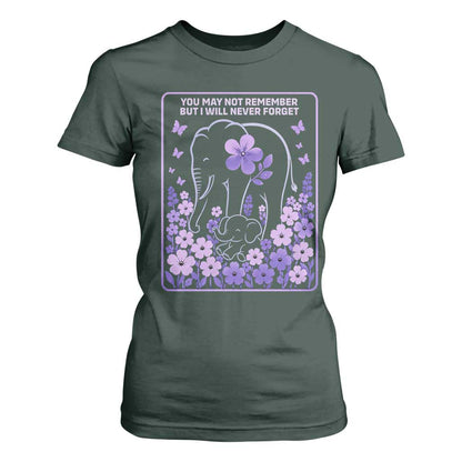 Elephant Alzheimers Purple Floral Support T Shirt For Women You May Not Remember But I Will Never Forget