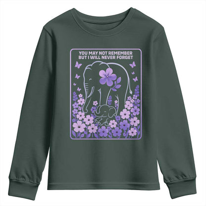 Elephant Alzheimers Purple Floral Support Youth Sweatshirt You May Not Remember But I Will Never Forget