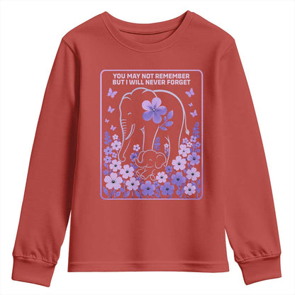 Elephant Alzheimers Purple Floral Support Youth Sweatshirt You May Not Remember But I Will Never Forget