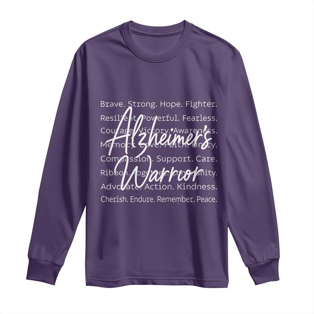 Alzheimers Warrior Purple Ribbon Support Word Cloud Typography Long Sleeve Shirt