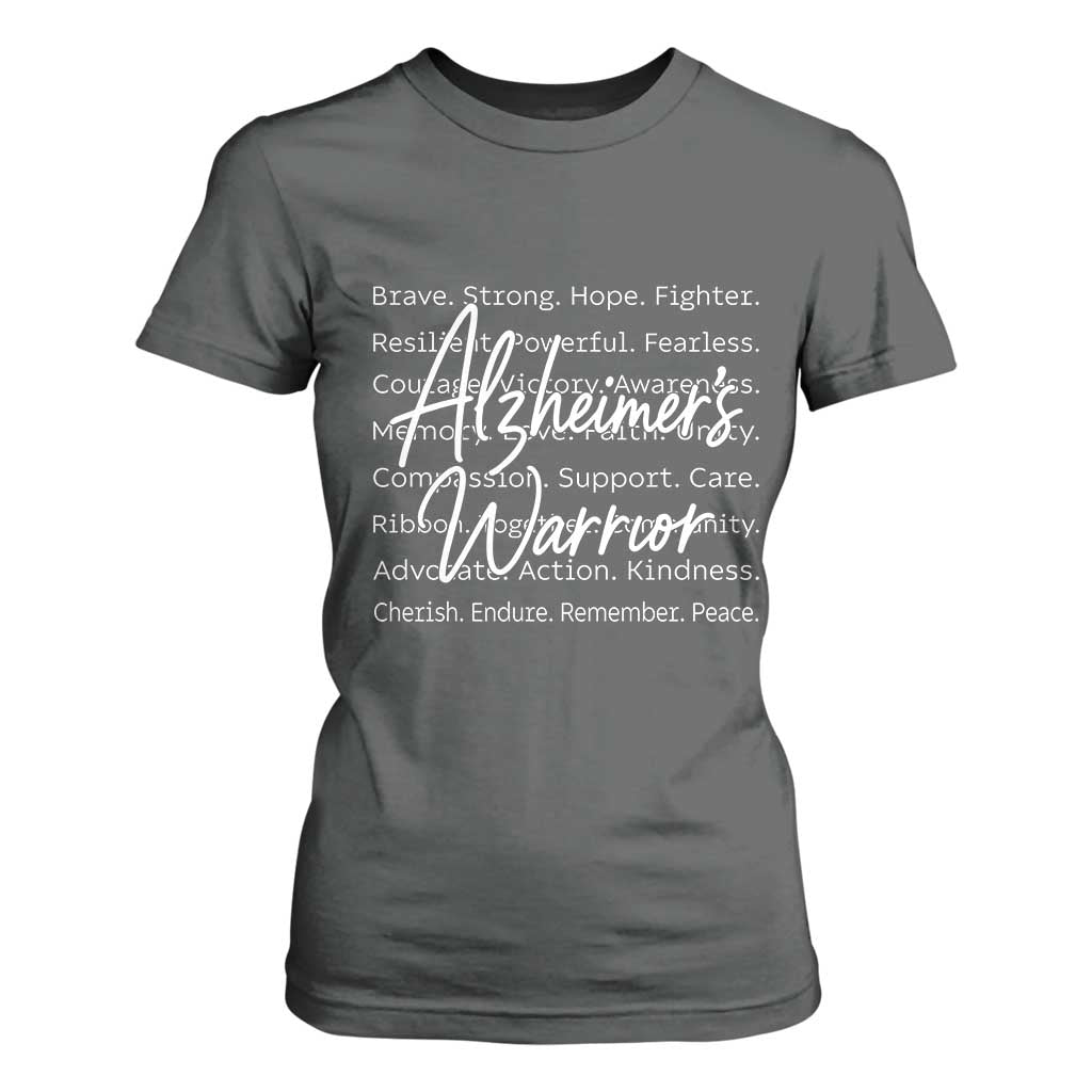 Alzheimers Warrior Purple Ribbon Support Word Cloud Typography T Shirt For Women