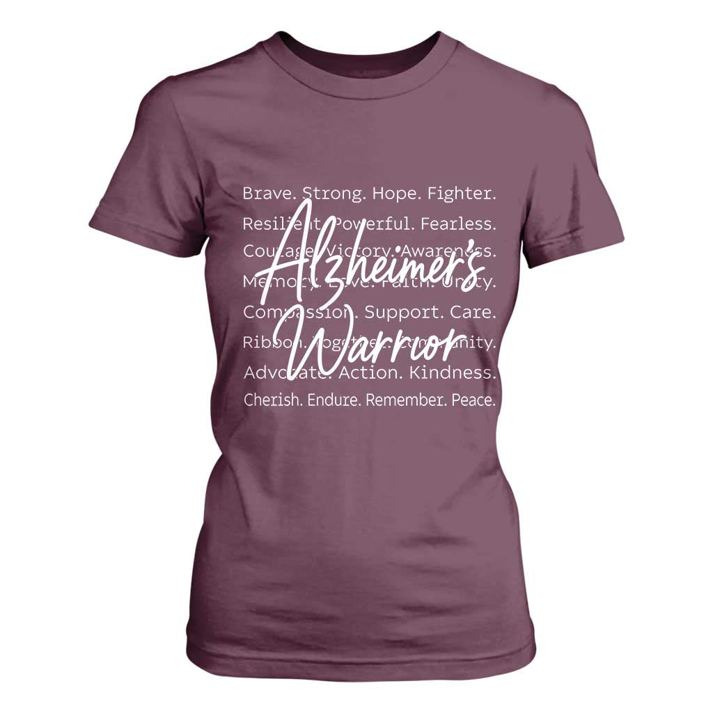 Alzheimers Warrior Purple Ribbon Support Word Cloud Typography T Shirt For Women