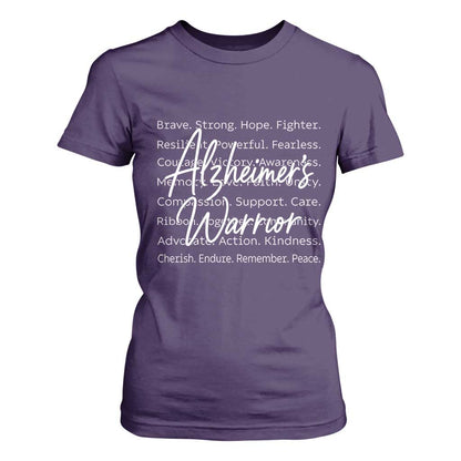 Alzheimers Warrior Purple Ribbon Support Word Cloud Typography T Shirt For Women