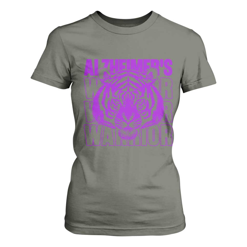 Alzheimer's Warrior T Shirt For Women Purple Tiger Ribbon Support Graphic