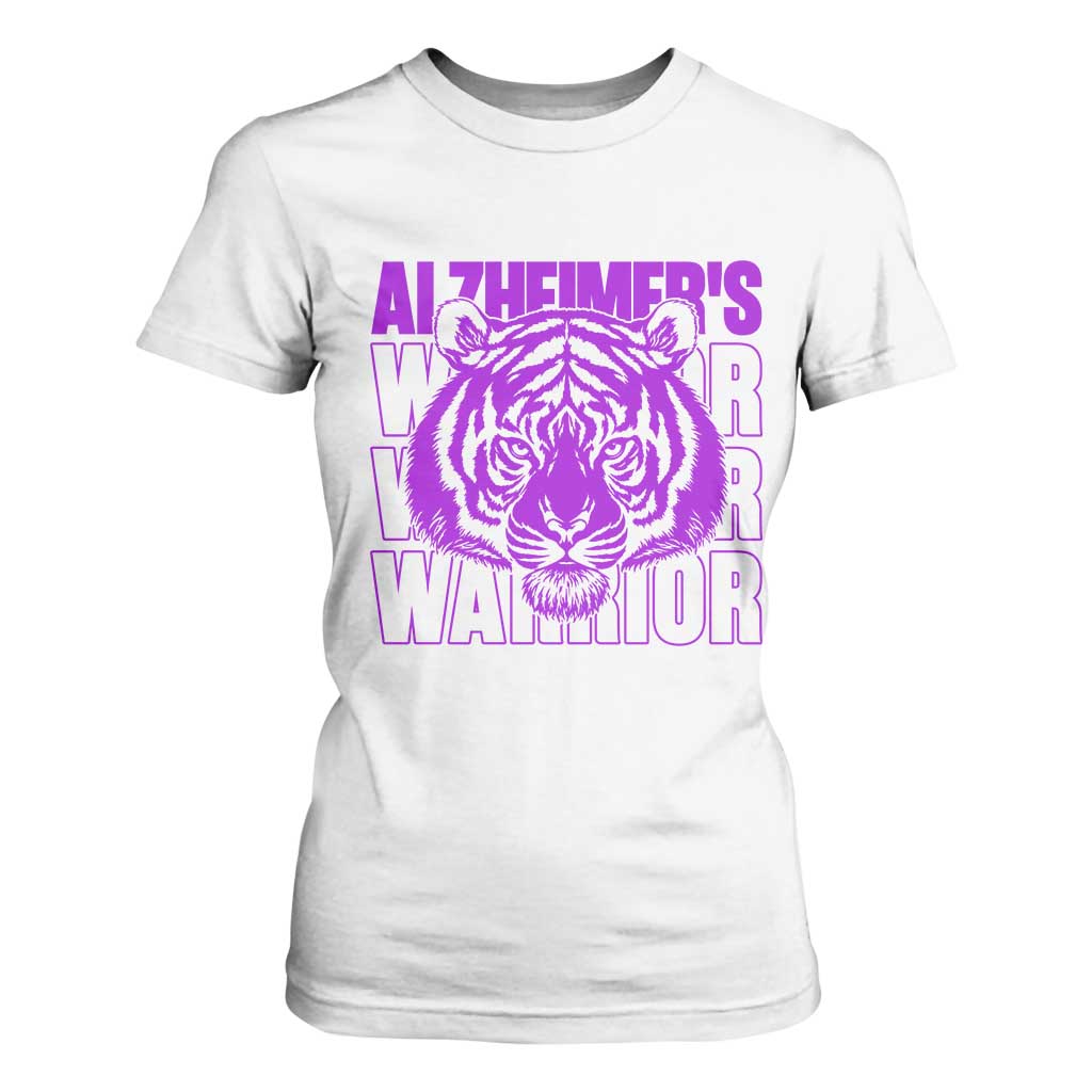 Alzheimer's Warrior T Shirt For Women Purple Tiger Ribbon Support Graphic