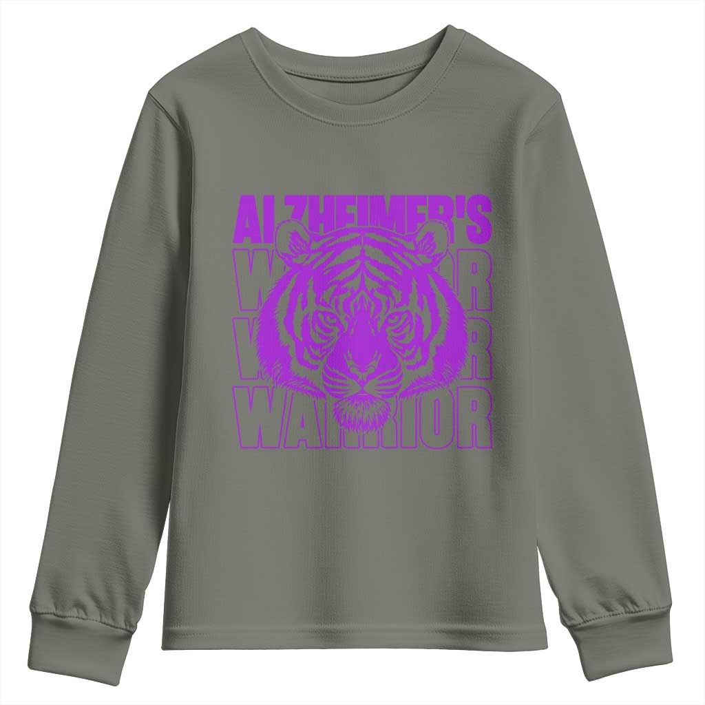 Alzheimer's Warrior Youth Sweatshirt Purple Tiger Ribbon Support Graphic