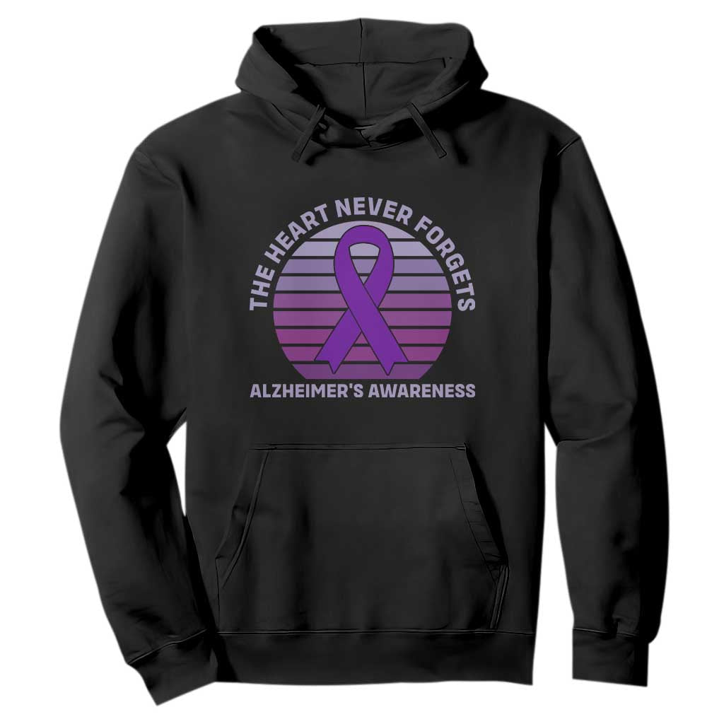 The Heart Never Forgets Alzheimers Support Hoodie Vintage Sunset Purple Ribbon Graphic